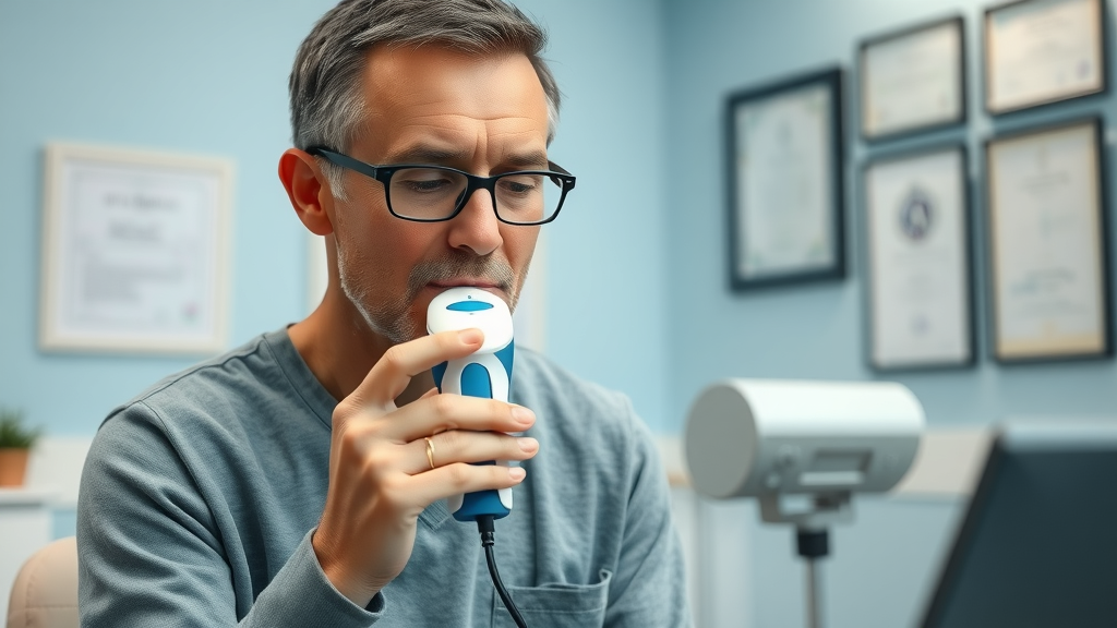 patient performing breath test for sibo and weight gain diagnosis in clinic