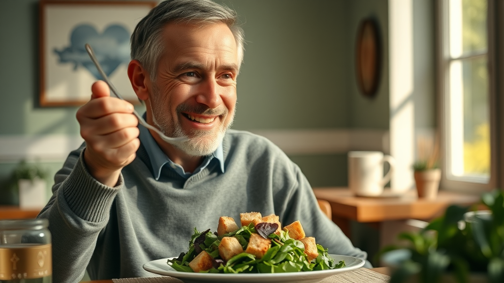 man enjoying heart-healthy salad with almond flour croutons, showing almond flour