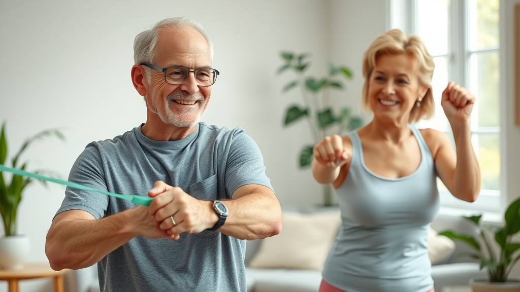 resistance band exercises for older adults couple doing gentle band exercise in living room