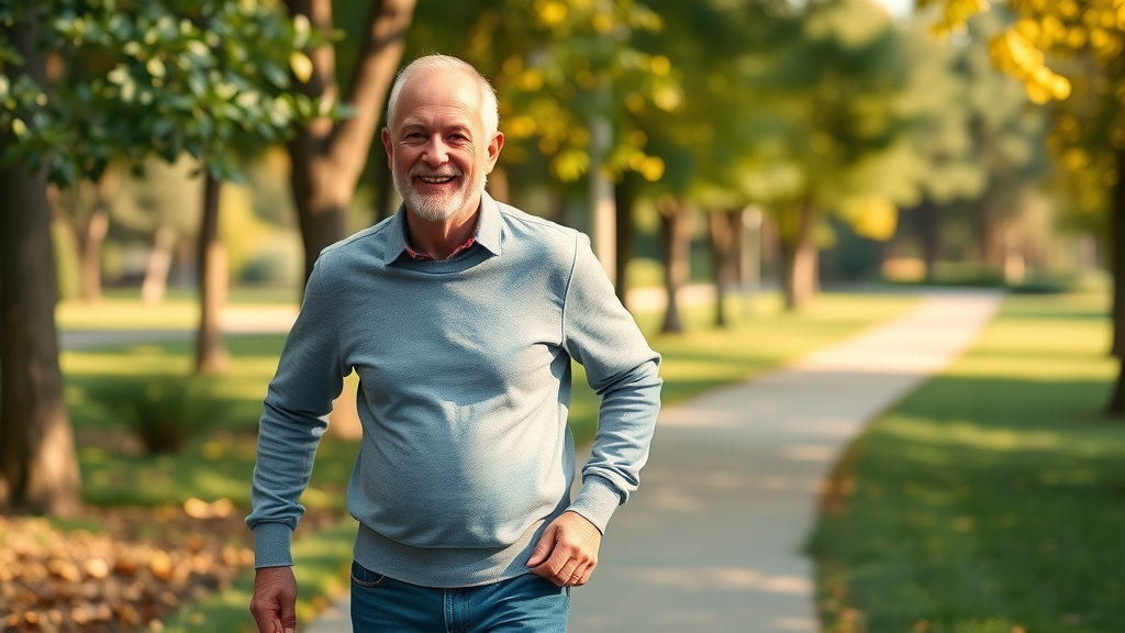 Middle-aged man walking outdoors with improved mobility after PRP knee injection
