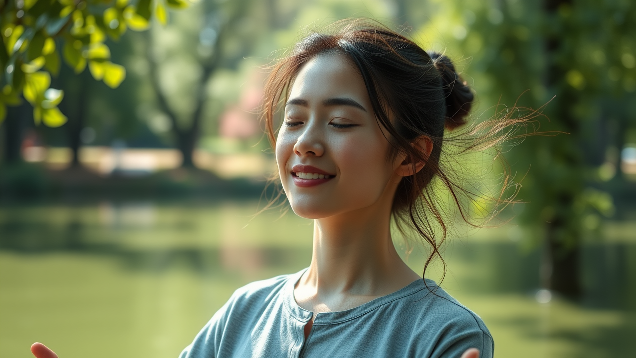 calm individual practicing mindfulness meditation for improved mental health self-care in a natural park setting