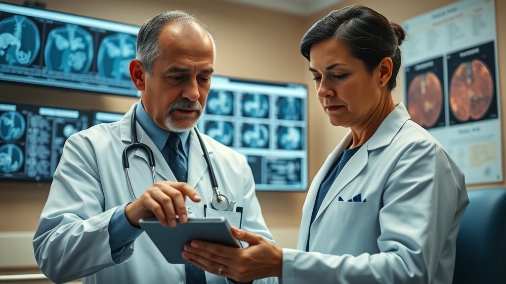 doctor and patient reviewing rare rapid-growth colon polyp cases on medical scans