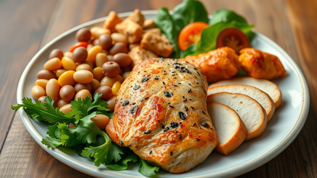 Assorted healthy protein sources including lean meat and plant-based proteins arranged for a whole foods diet