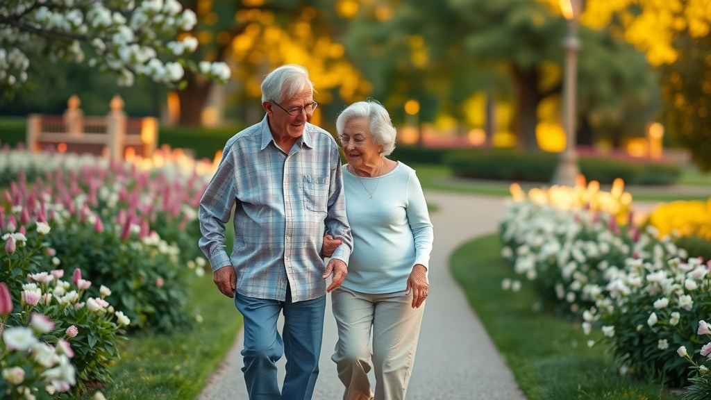 Low-impact exercises for knee osteoarthritis: gentle elderly couple practicing slow walking in lush park