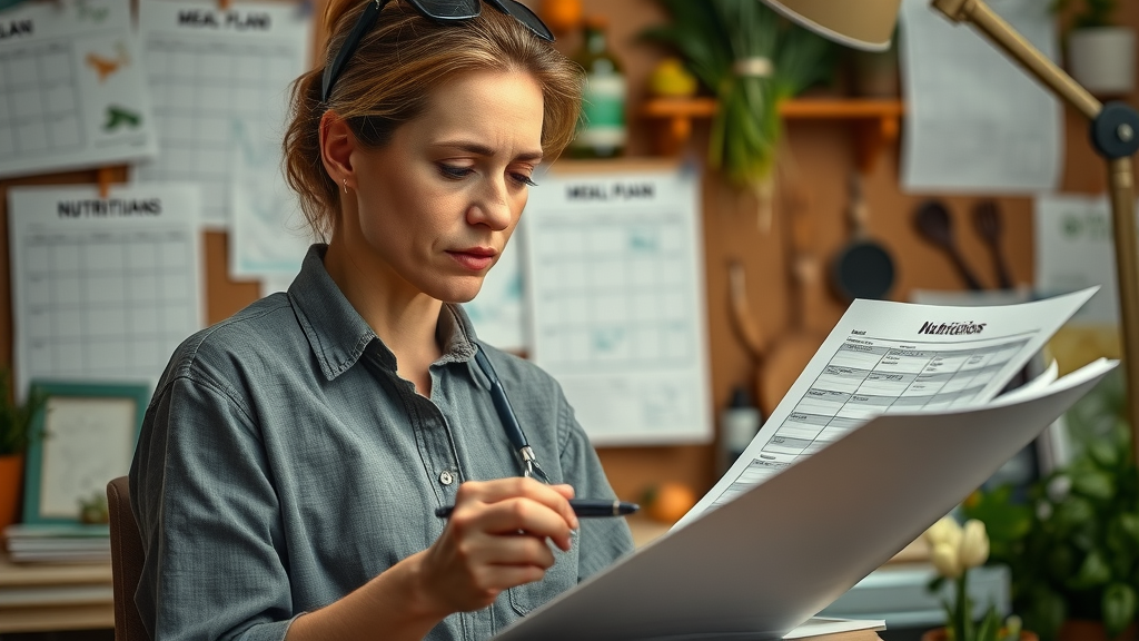 thoughtful nutritionist reviewing Jillian Michaels style meal plans, healthy eating