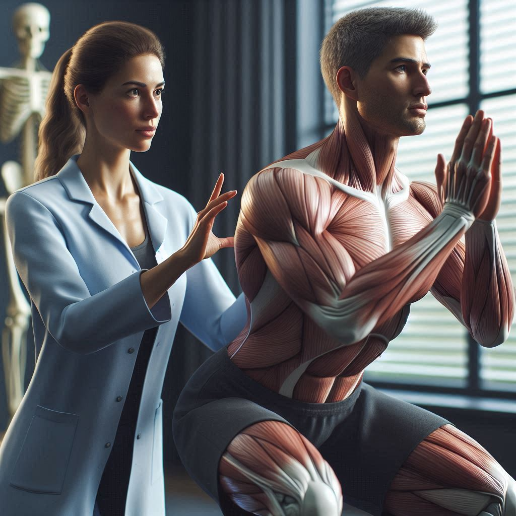 therapist helping patient with proper squat techniques