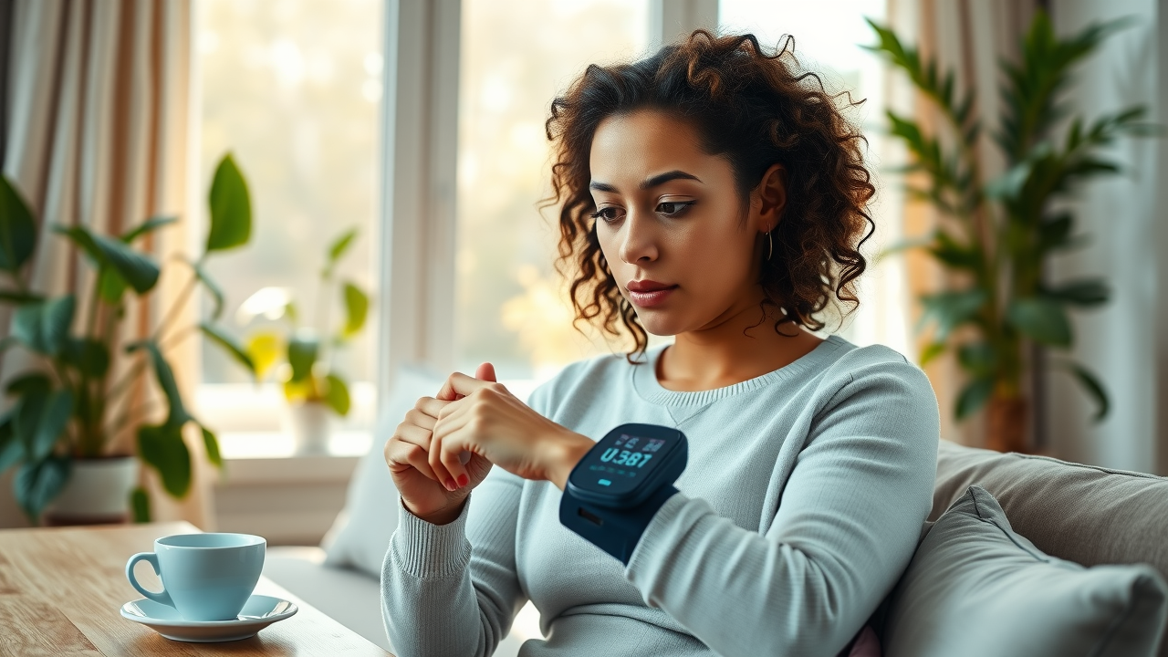 motivated woman checking blood pressure at home with electronic monitor, journaling results, cozy living room, natural light