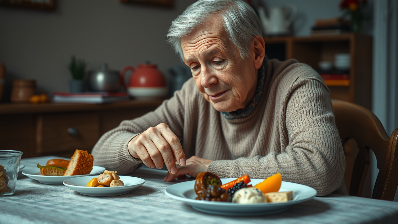 Elderly individual carefully choosing food - harder to digest foods with age, digestive health