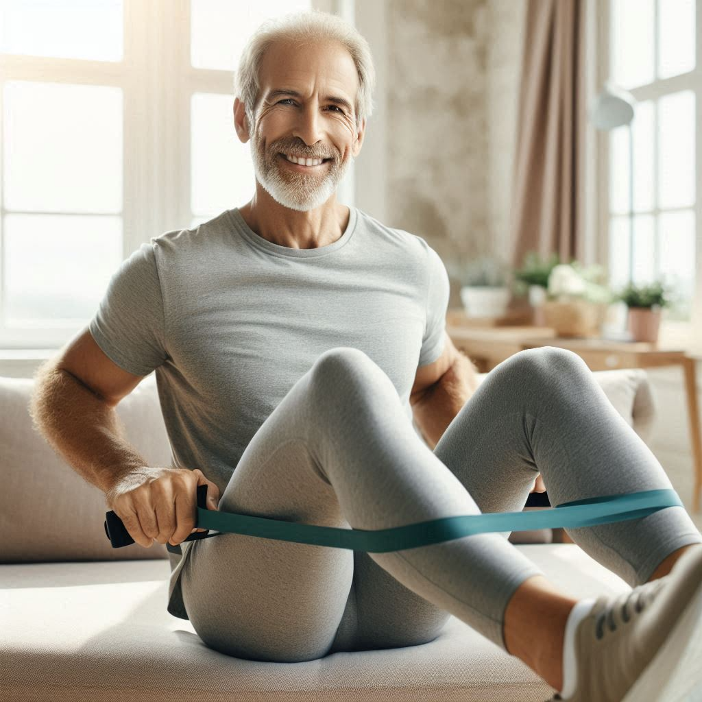 older male using resistance band for strenghth training