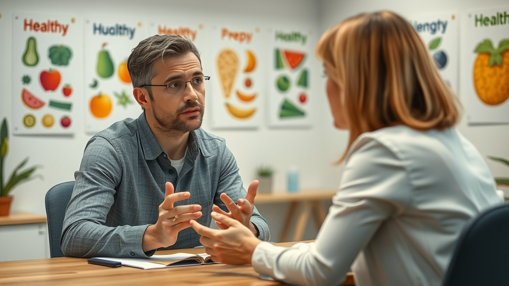 Curious person asking a nutrition expert about whole foods diet benefits in a modern dietitian office