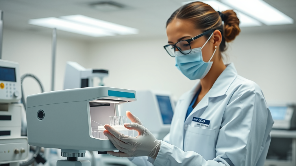 Lab technician preparing SIBO breath test equipment in a medical laboratory.