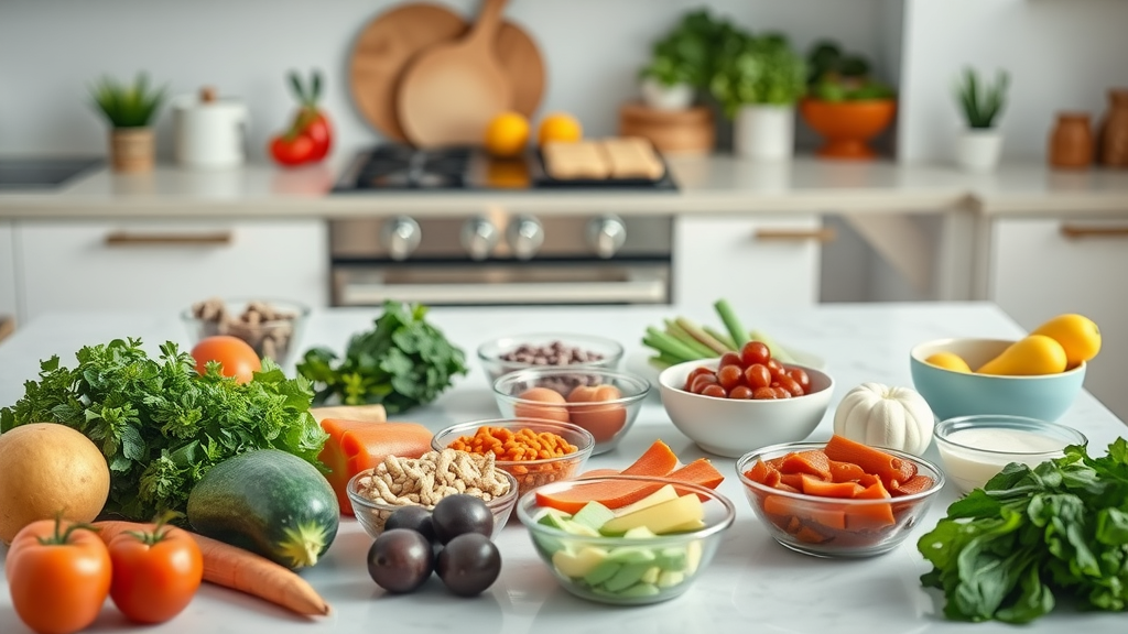 Organized food selection for SIBO breath test preparation, safe foods on a kitchen table.
