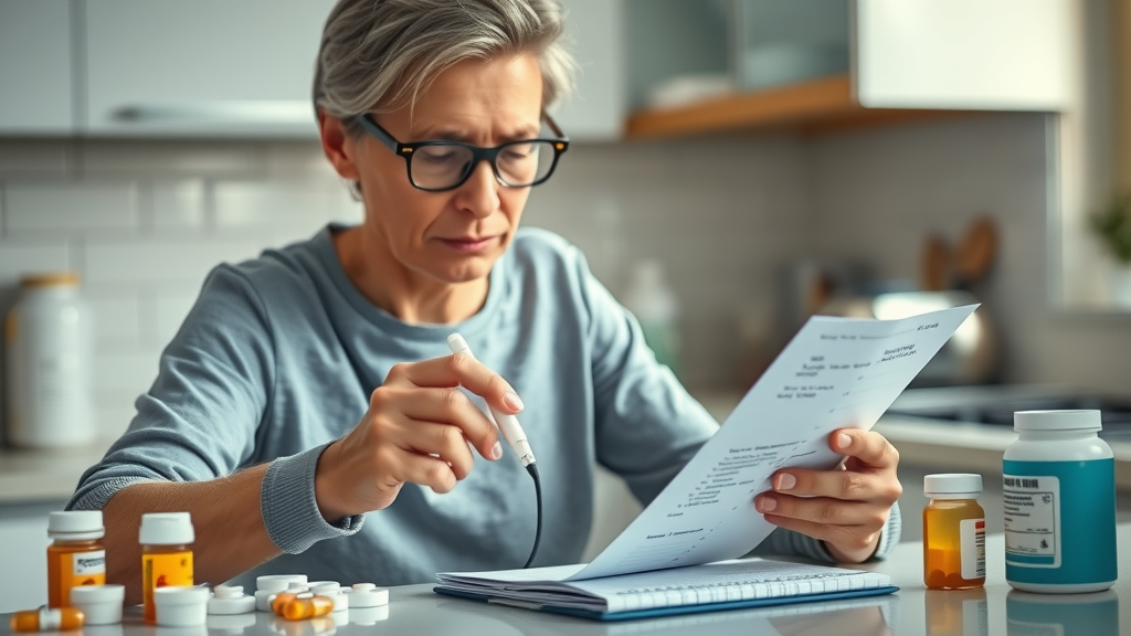 Patient checking medication list for SIBO breath test preparation, pill bottles organized on kitchen counter.