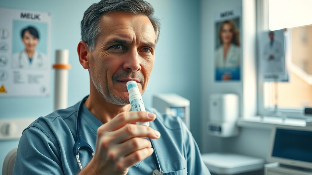 Patient exhaling into a SIBO breath collection device in a clinical exam room.