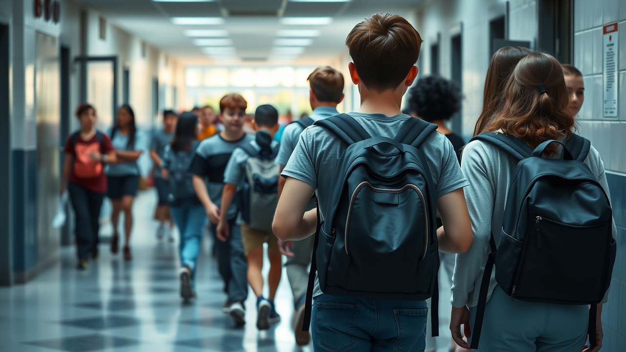 Student experiencing discomfort and holding lower back after removing a heavy backpack, illustrating back pain risk.
