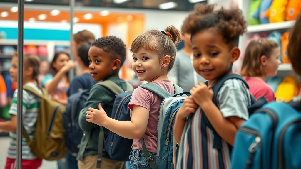 Diverse children trying on backpacks for backpack safety for students, adjusting various straps and sizes in a retail setting.