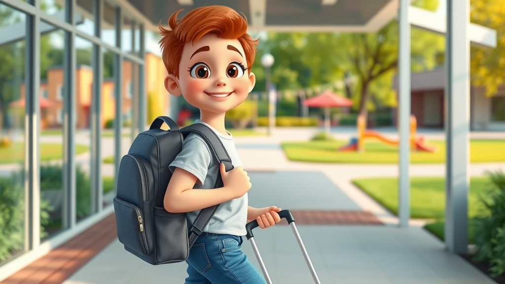 Student confidently using a rolling backpack at school entrance, illustrating one option for backpack safety for students
