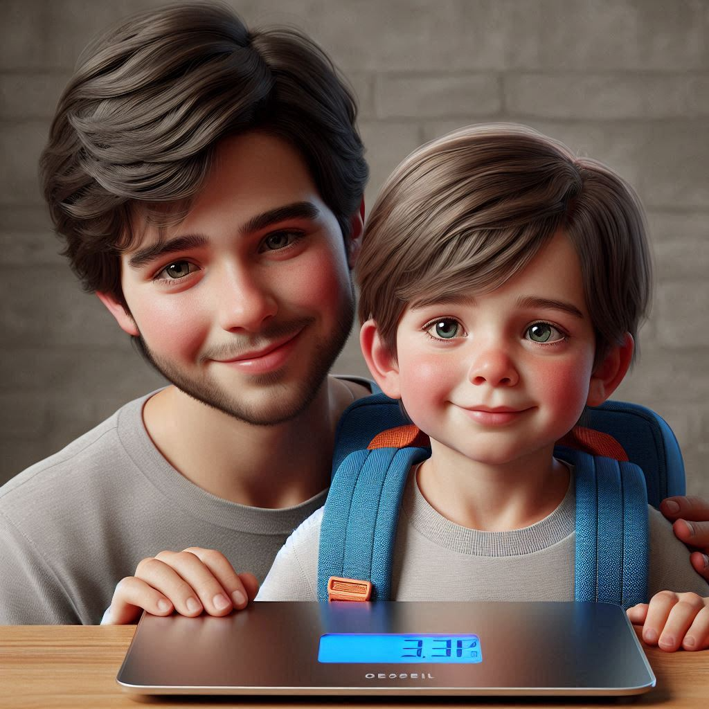 7-year-old boy with his father ready to weigh his backpack for safety.