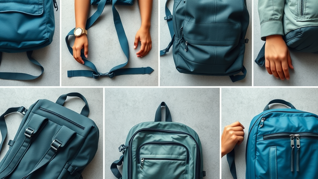 Collage showing safe backpack materials and features for backpack safety for students, highlighting padded straps, strong zippers, and durable fabrics.