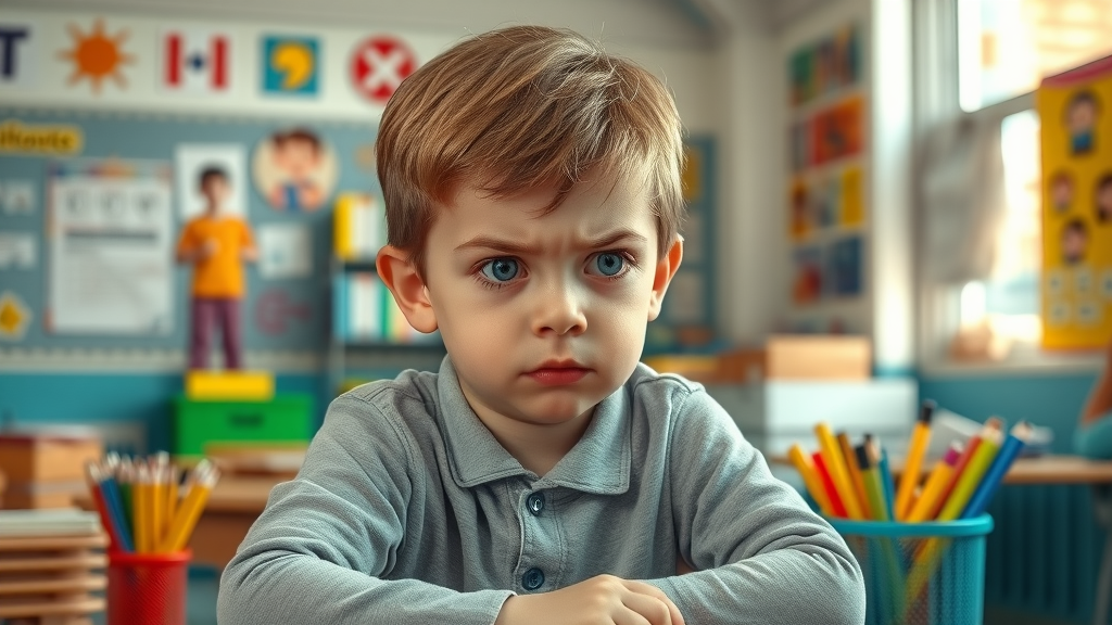worried elementary-aged child with back-to-school anxiety sitting at classroom desk