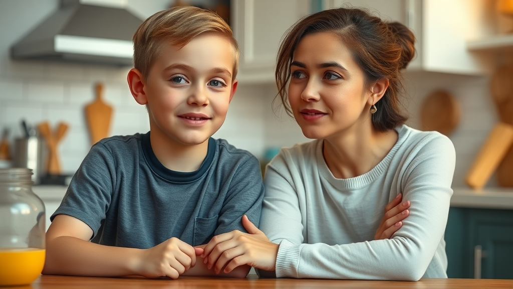 supportive parent and anxious boy discussing back-to-school anxiety at kitchen table