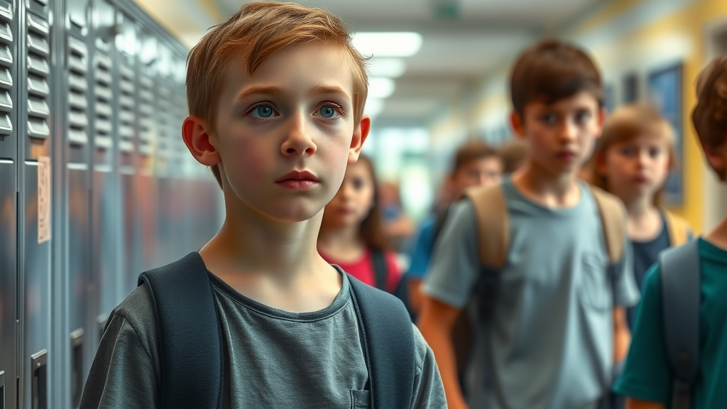nervous preteen boy with school anxiety in crowded school hallway