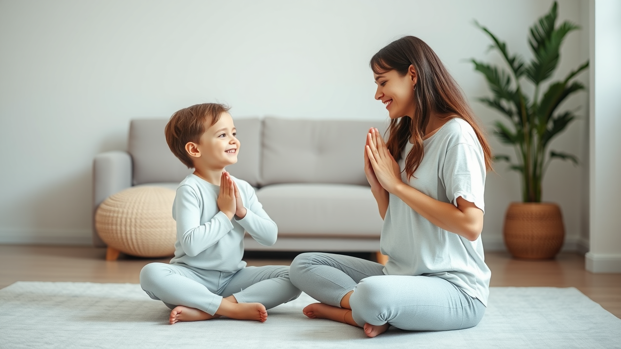 mother and child practicing calming breathing for back-to-school anxiety in living room