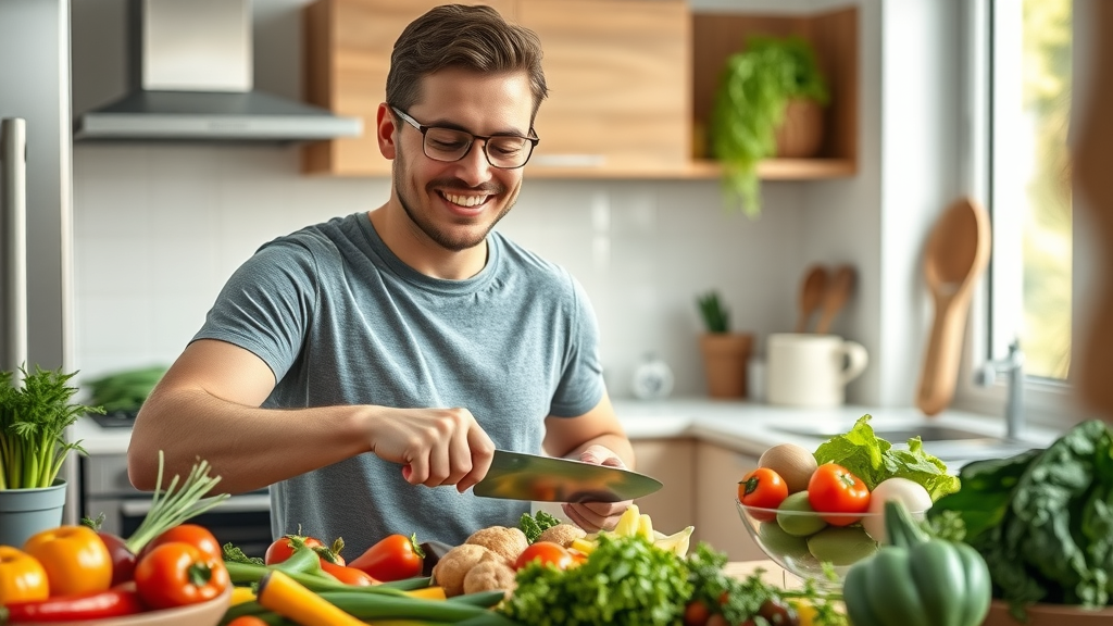 Bright inviting kitchen scene, health-conscious adult preparing a colorful high-protein low-carb meal, modern kitchen with fresh vegetables - high-protein low-carb meals for busy people