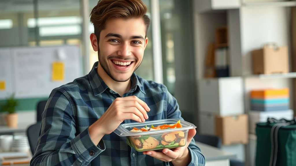 Energetic young professional assembling a high-protein low-carb lunch container in an organized office workspace - high-protein low-carb meals for busy people