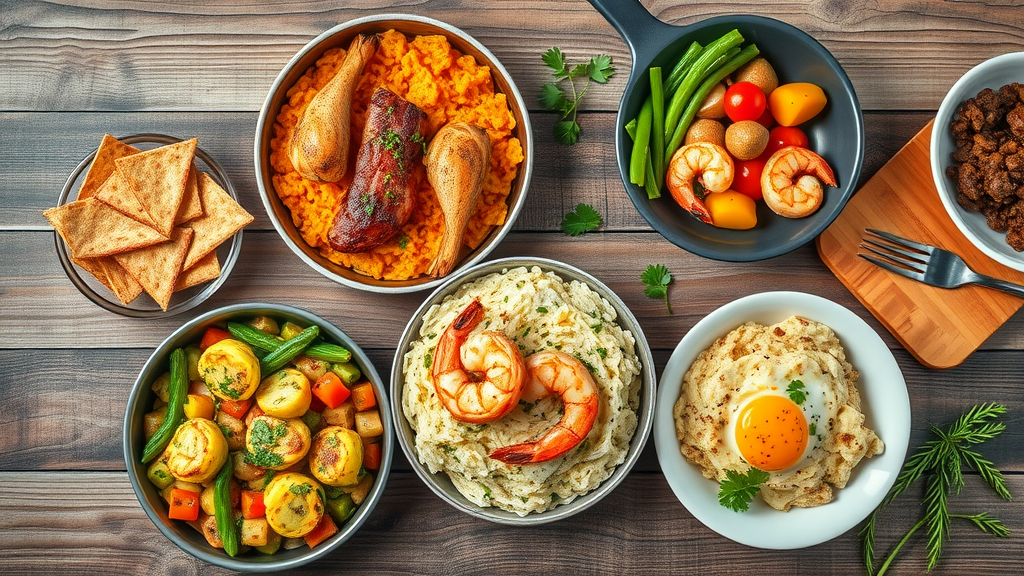 Overhead shot, vibrant and neatly arranged meal selection of various high-protein low-carb dishes including grilled chicken, egg scramble, and shrimp with veggies - high-protein low-carb meals for busy people