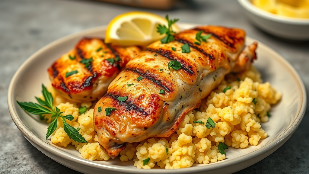 Close-up, vibrant, plated grilled chicken with golden cauliflower rice, fresh herbs and lemon wedge: a classic high-protein low-carb meal for busy people