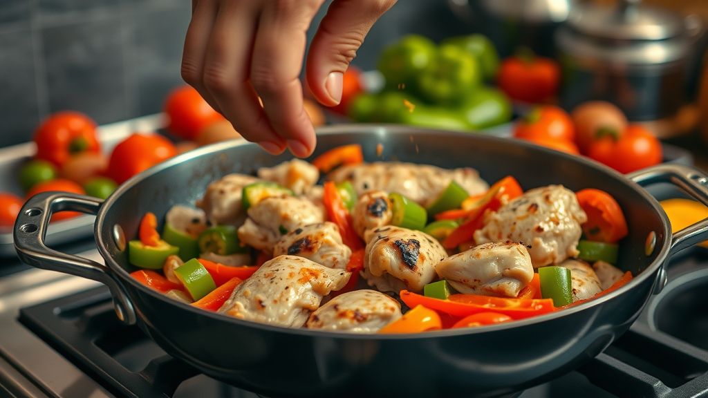 Action shot, cooking chicken breast stir-fry with bell peppers in pan: fast and easy high-protein low-carb meal for busy people