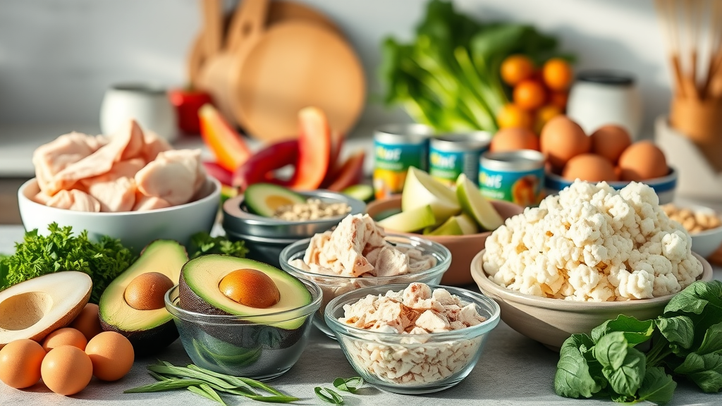 Display of best high-protein low-carb ingredients: bowls of chicken breast, avocado, tuna, eggs, cauliflower rice on a modern kitchen countertop