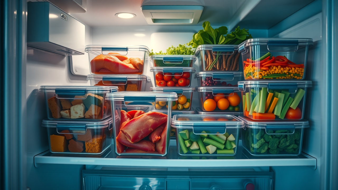 Hands organizing pre-cooked proteins and veggies into labeled containers: practical meal prep hacks for high-protein low-carb meals for busy people