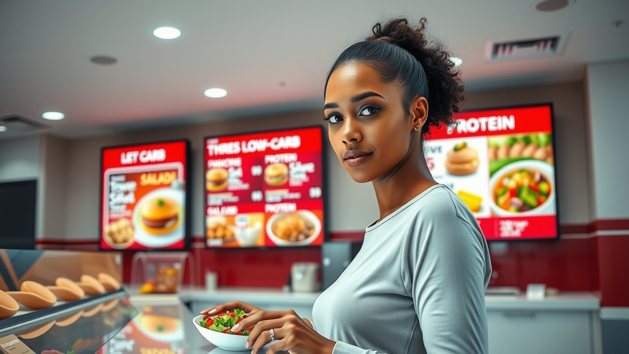 Health-conscious adult ordering customized high-protein low-carb meal at a clean fast food restaurant, menu board in background