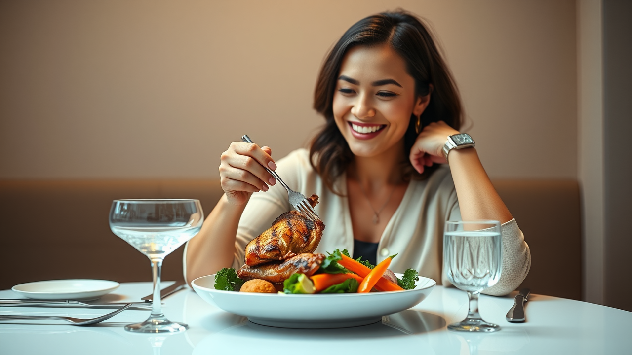 Satisfied adult enjoying grilled chicken and veggie plate at a contemporary restaurant - high-protein low-carb meal for busy people