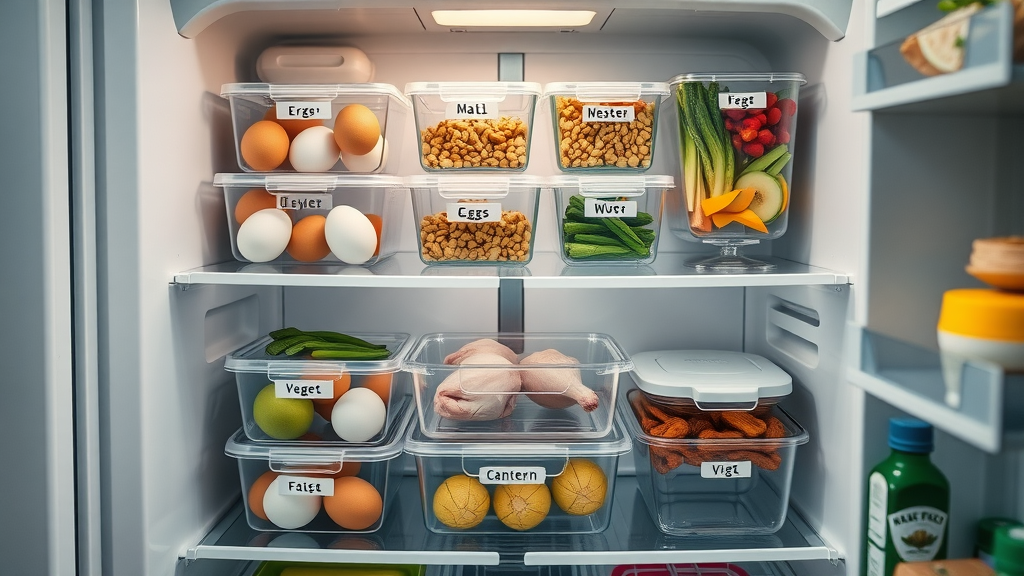Organized fridge with clear labeled containers: eggs, chicken, nuts, and veggies for hassle-free high-protein low-carb meals for busy people