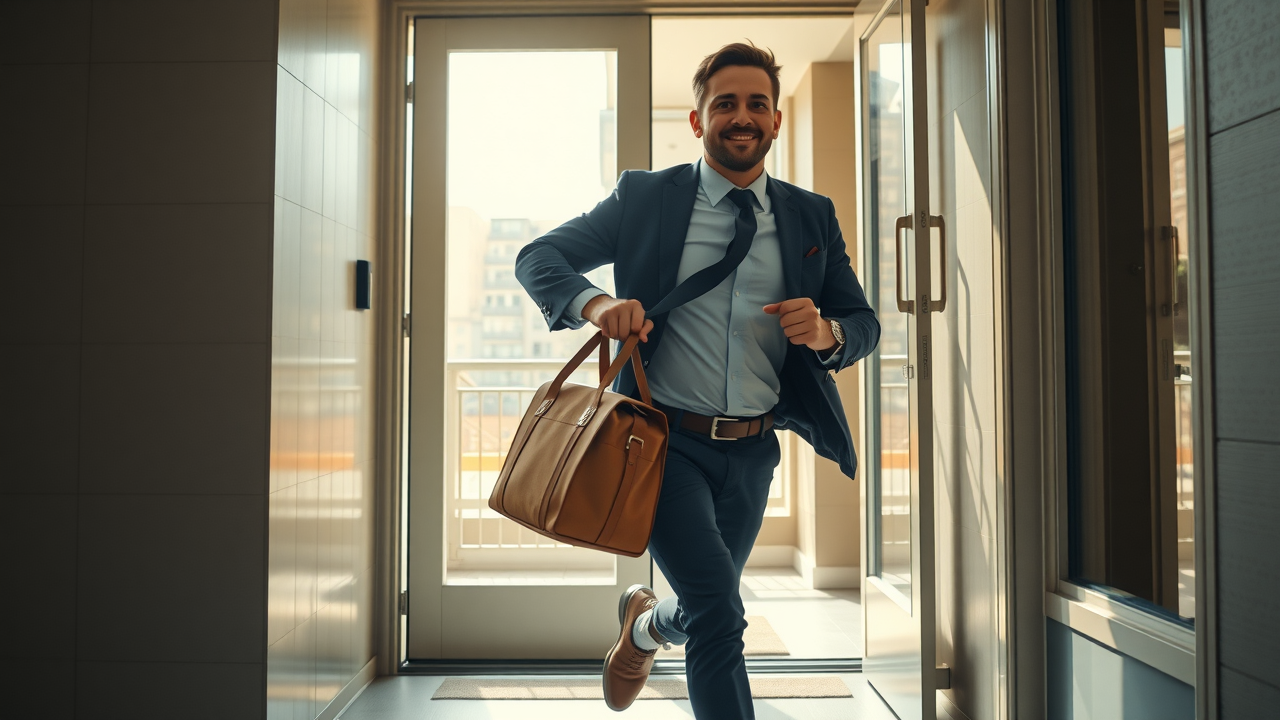 Busy professional running with an organized lunch bag in the morning: staying energized with high-protein low-carb meals for busy people