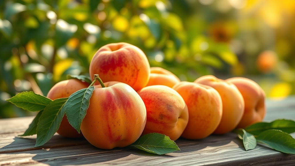 Vibrant fresh apricots arranged attractively on rustic wooden table, weight loss diet, sunlit garden background, green foliage, high fidelity photo