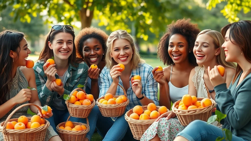 Diverse group enjoying apricots outdoors, highlighting health benefits for immune support and wellness