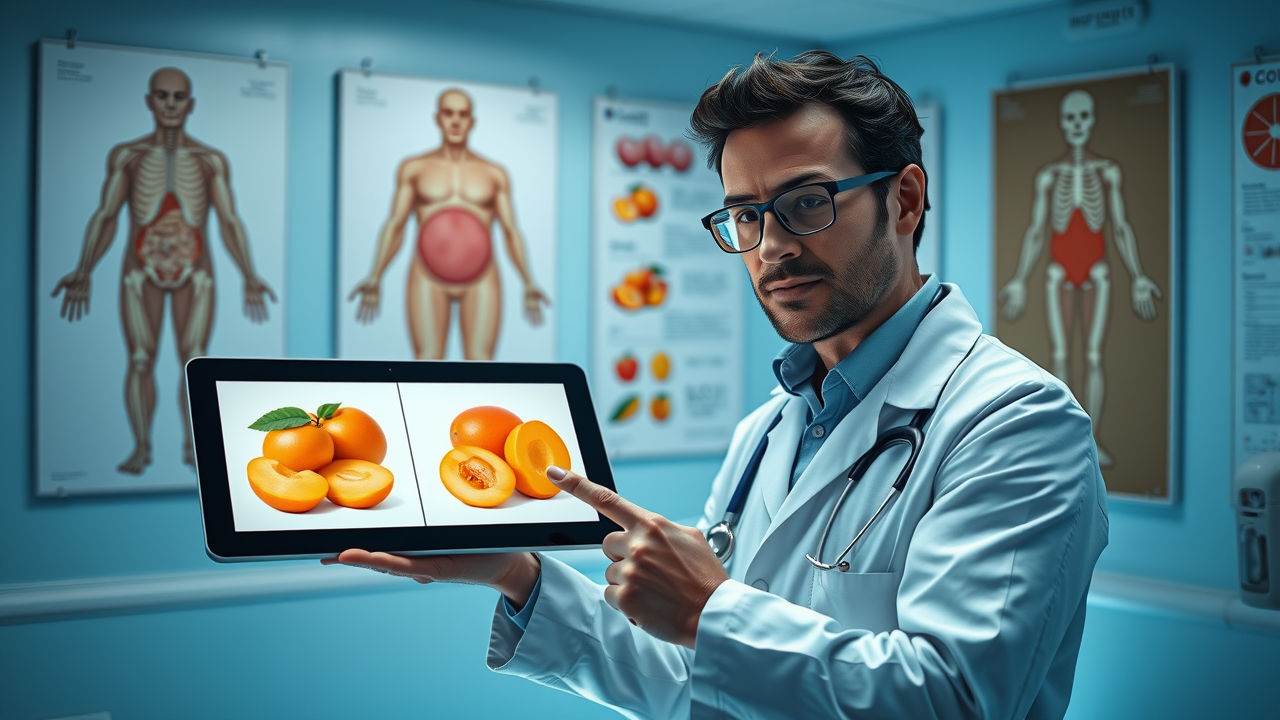 Medical expert explaining apricot and belly fat, clinical setting, demonstrating diet weight loss concept