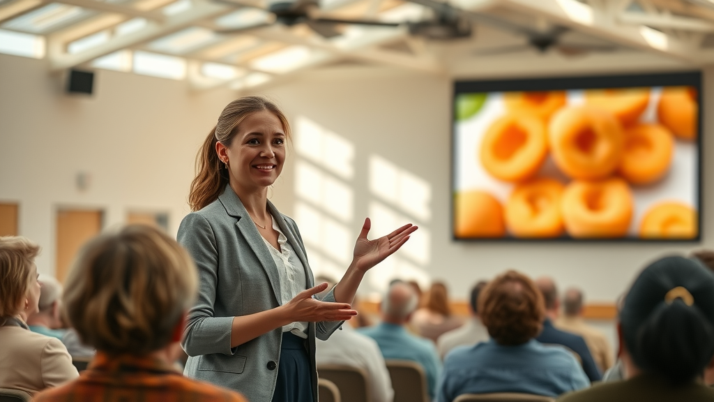 Dietitian discussing apricot myths in a seminar, educating about weight loss and diet plans