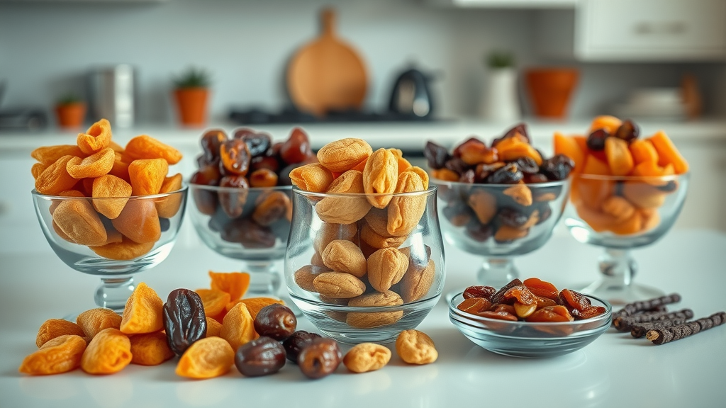 Dried apricots, dates, and raisins compared in glass bowls for weight loss diet plans