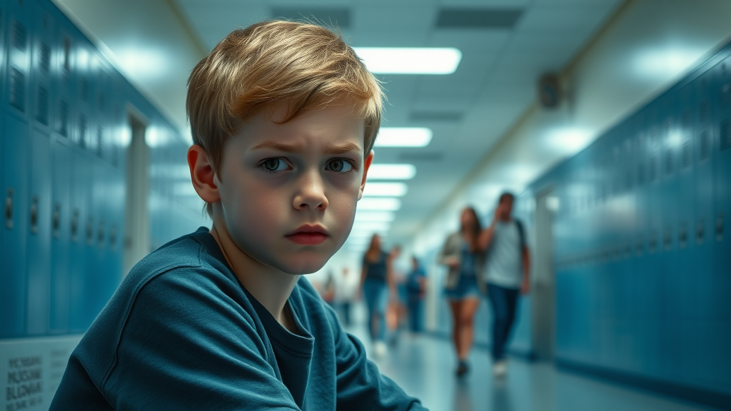Teen child with worried expression, sitting alone in a busy school hallway to illustrate bullying prevention tips for parents