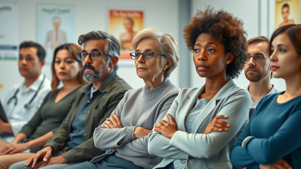 Diverse adults with concerned expressions at a medical clinic discussing gastroparesis symptoms