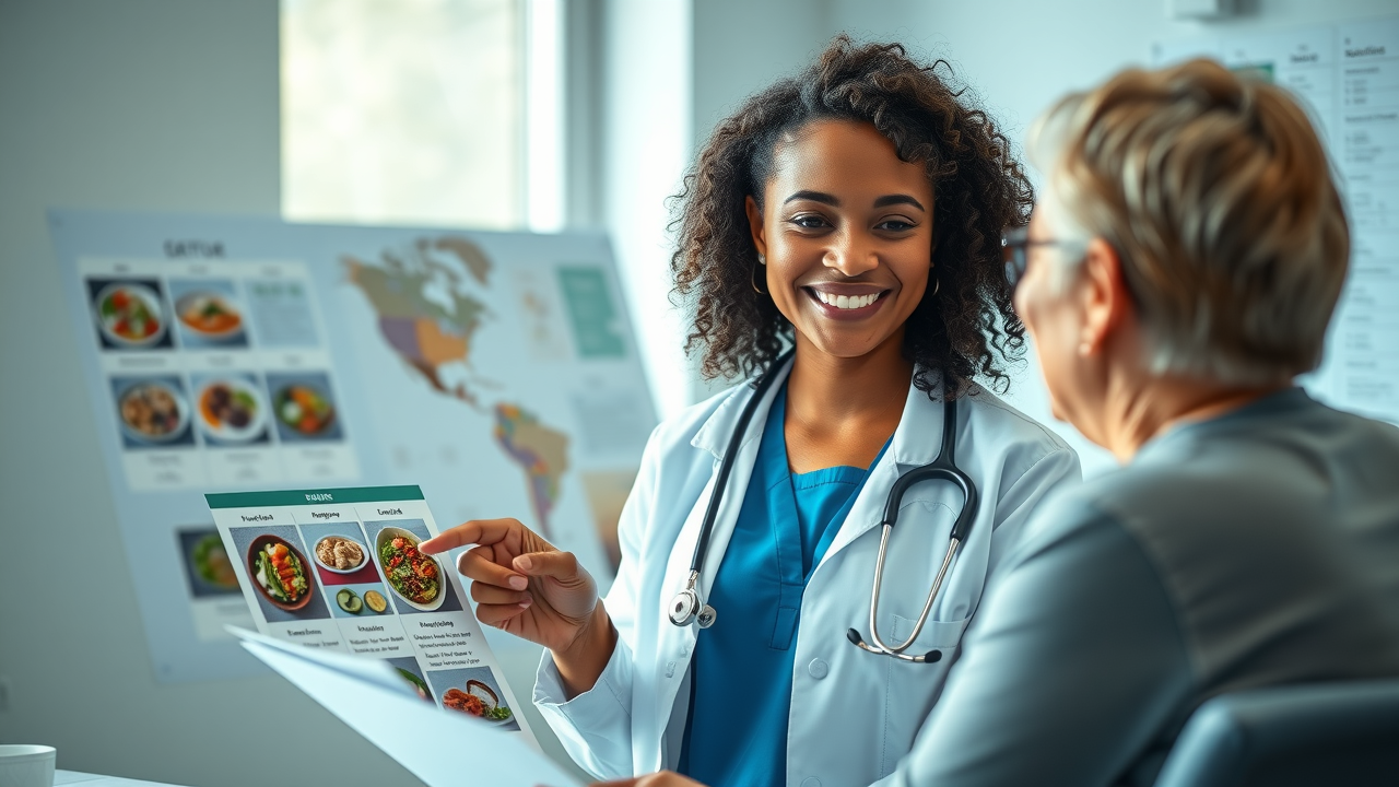 Nutritionist discussing gastroparesis meal plan with patient in a doctor