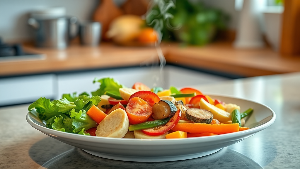 Vibrant plate of gastroparesis-friendly food, colorful vegetables, and simple components