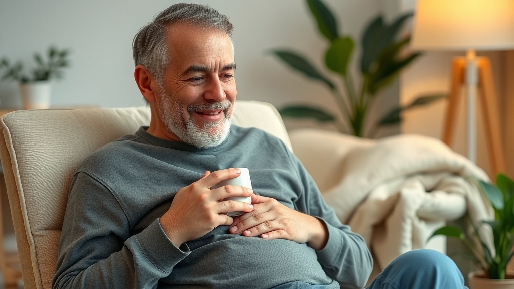 Middle-aged man with hopeful expression sipping herbal tea for gastroparesis relief in a peaceful living room