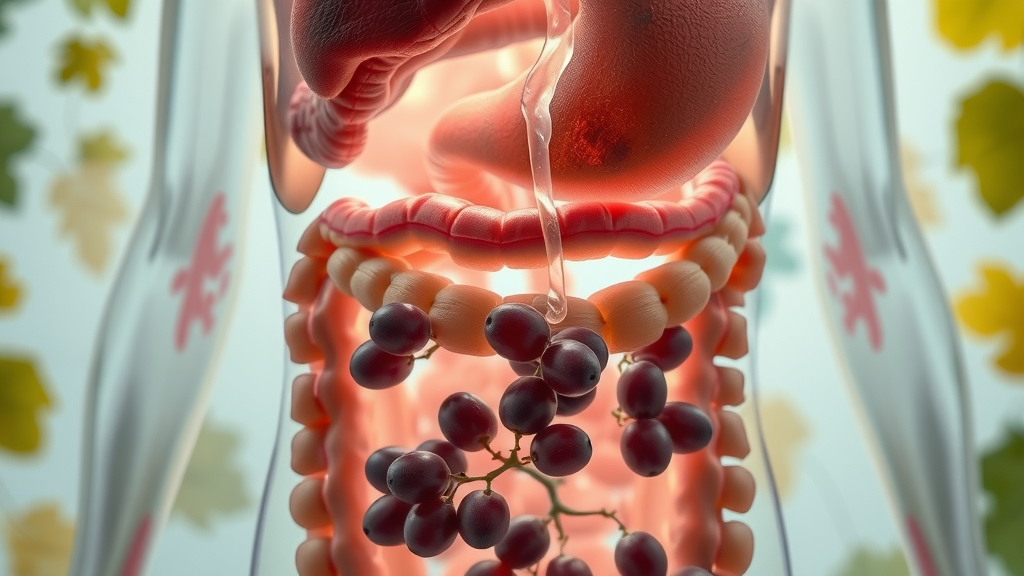 Scientific depiction of digestive health with grapes traveling through the digestive system, highlighting the effects of grapes for acid reflux.