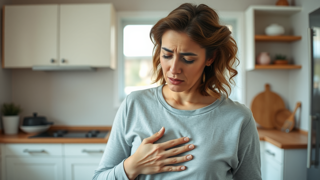 Concerned adult holding stomach, visually representing discomfort from acid reflux or heartburn.